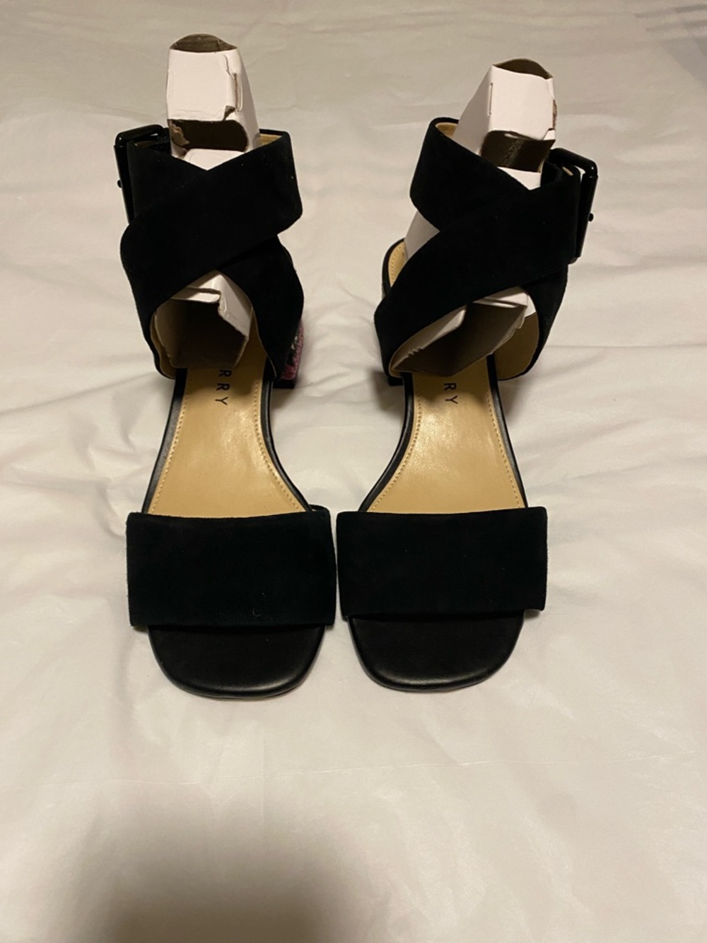 Katy Perry Collections Black Suede Crisscross Ankle Strap Block Heel Sandals